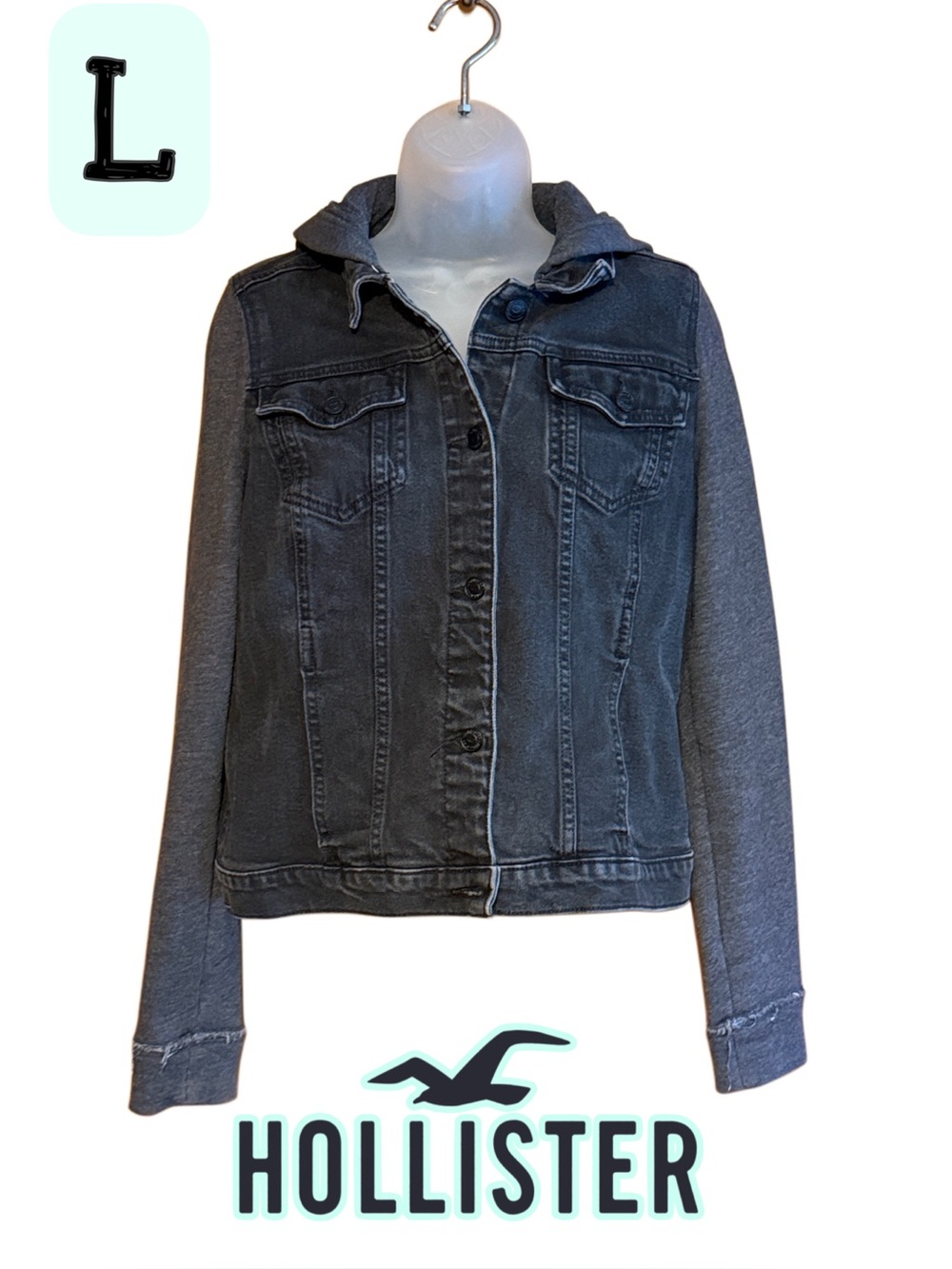 Hollister Women's Hooded Stretch Jean Jacket Black & Charcoal Sz L